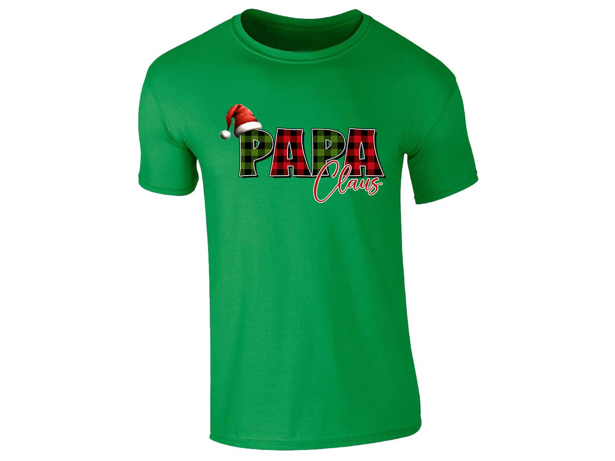 Irish Green men's T-shirt with “Papa Claus” plaid Santa hat design