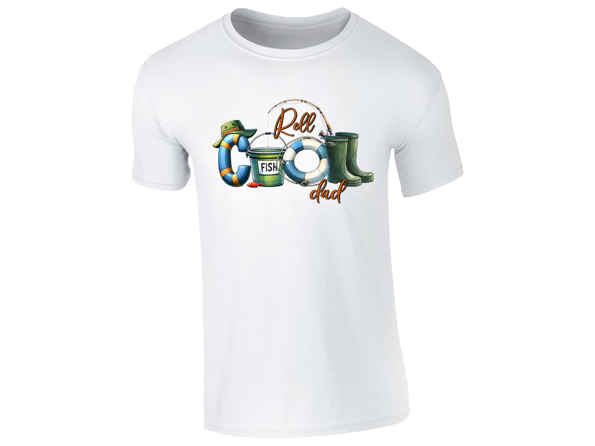 White men's T-shirt with “Reel Cool Dad” fishing kit design