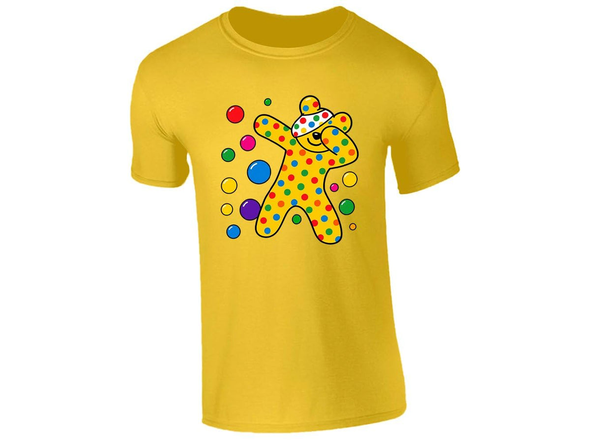 Yellow kids' T-shirt with dabbing spotty bear with coloured dots design