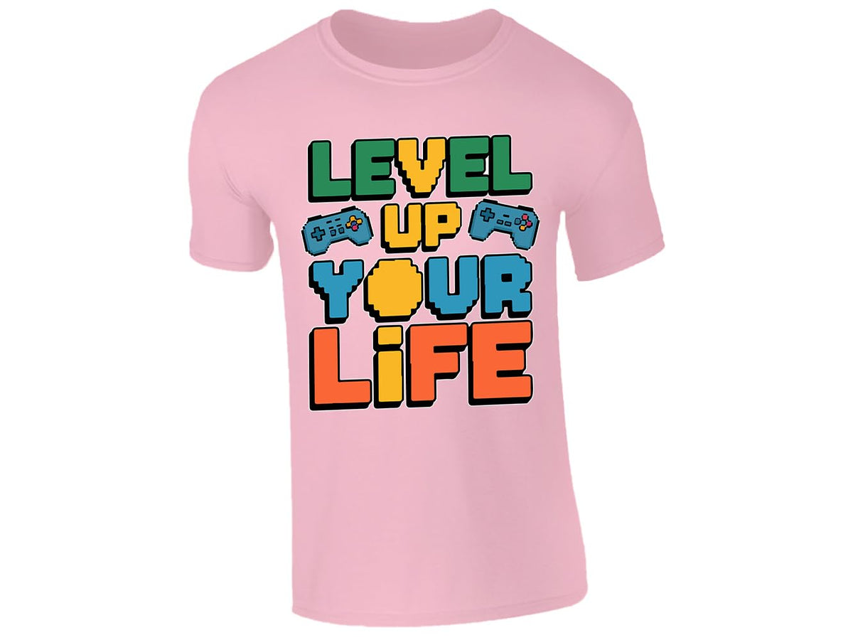 Light Pink kids' T-shirt with “Level up your life” controller design