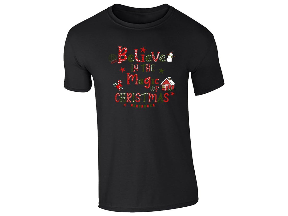 Black kids T-shirt with the Believe in the Magic of Christmas snowman design