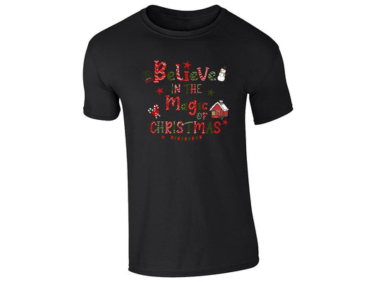 Black men's T-shirt with the Believe in the Magic of Christmas snowman design