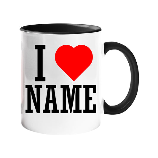 I love name mug with a red heart, black handle and black inside