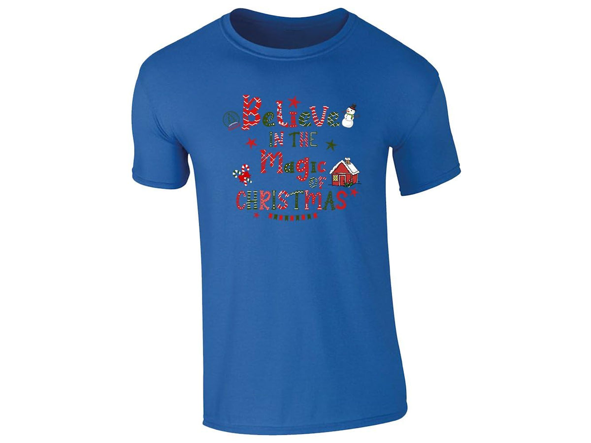 Royal blue men's T-shirt with the Believe in the Magic of Christmas snowman design