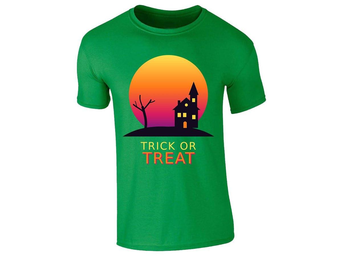 Irish Green men's T-shirt with “Trick or Treat” haunted house design
