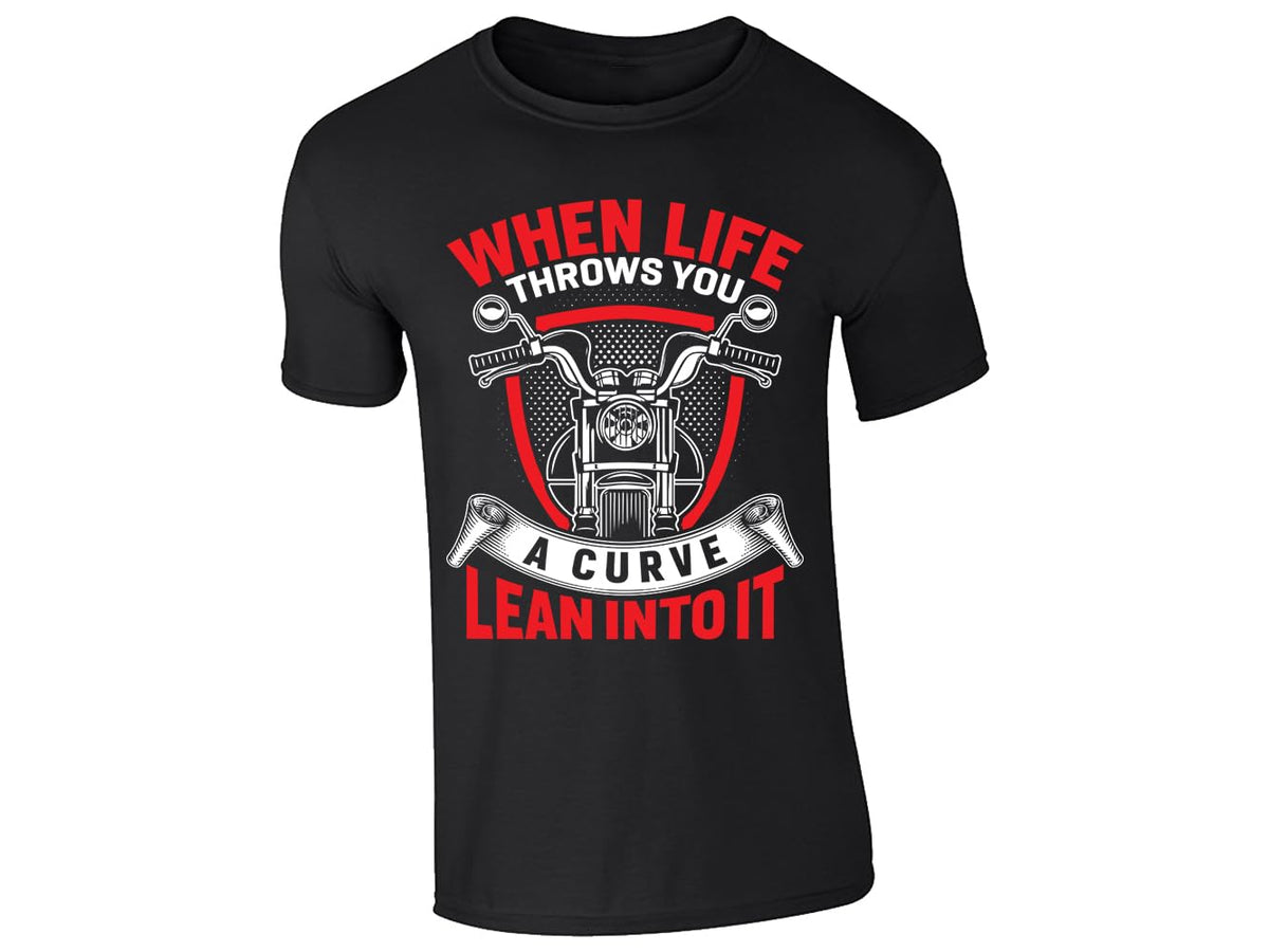 Black men's T-shirt with “When life throws you a curve, lean into it” motorcycle design