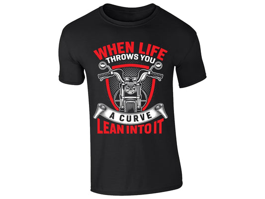 Black men's T-shirt with “When life throws you a curve, lean into it” motorcycle design