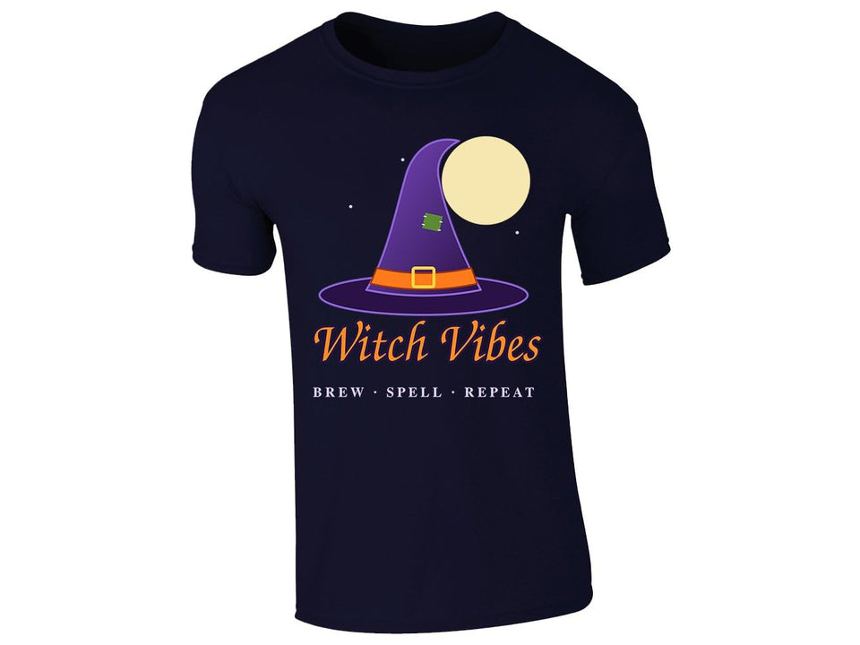 Navy men's T-shirt with “Witch Vibes – Brew, Spell, Repeat” witch hat design
