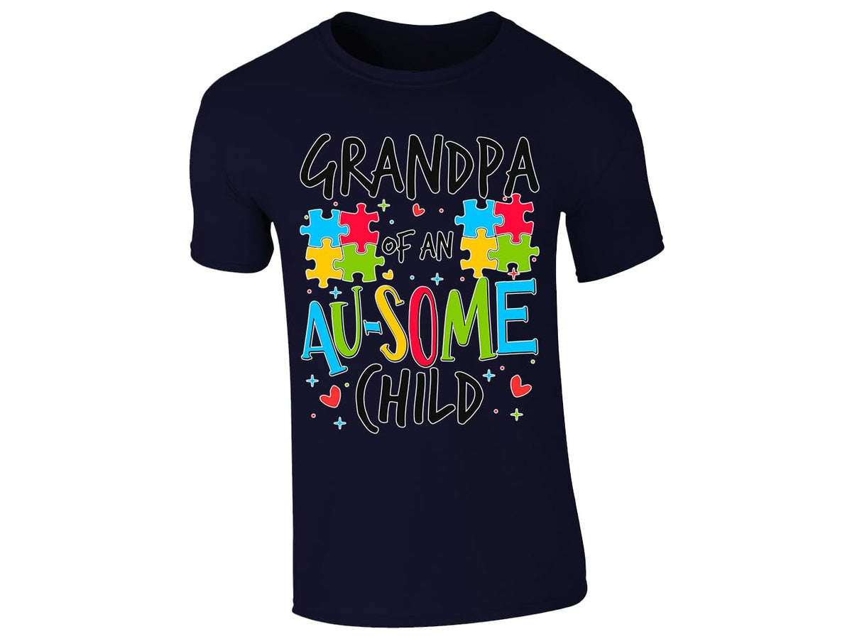 Navy men's T-shirt with “Grandpa of an Au-some child” puzzle piece design