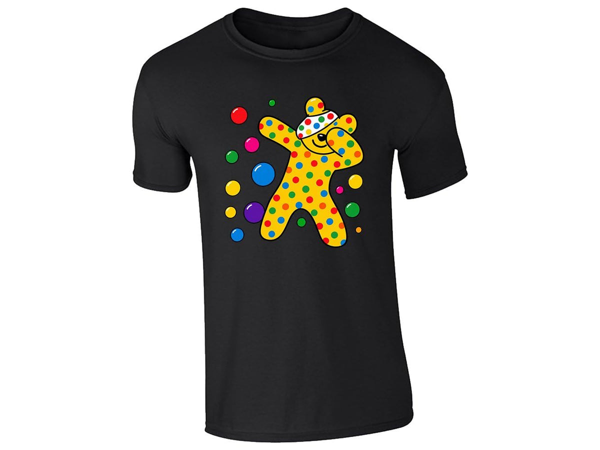 Black kids' T-shirt with dabbing spotty bear with coloured dots design
