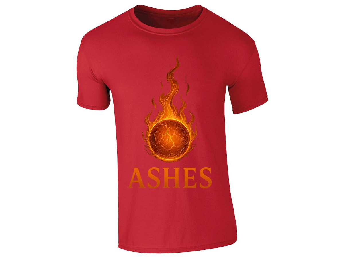 Red men's T-shirt with a flaming cricket ball above the word “ASHES”