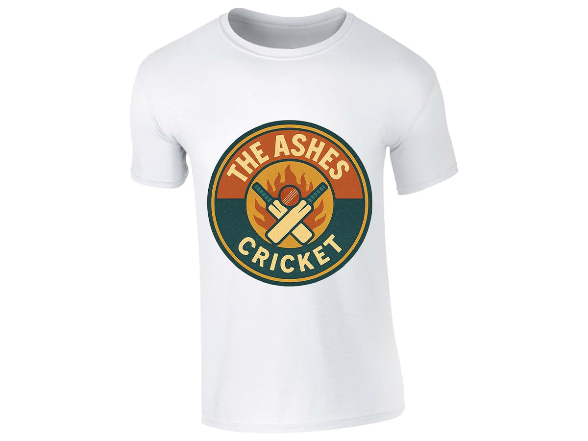 White men's T-shirt with a round retro “The Ashes Cricket” badge with crossed bats
