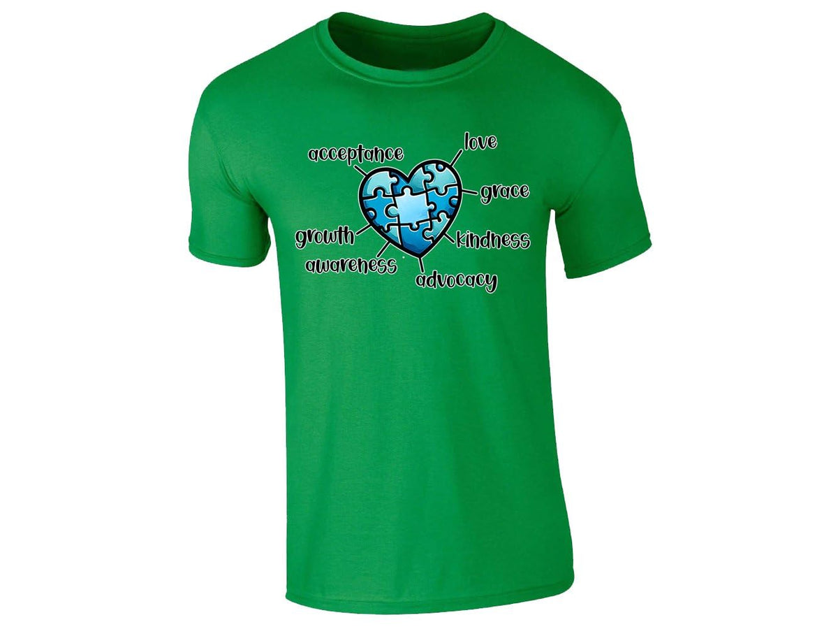 Irish Green kids' T-shirt with autism awareness puzzle heart design