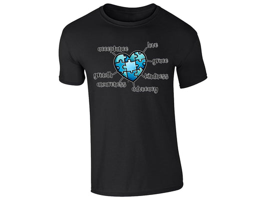 Black kids' T-shirt with autism awareness puzzle heart design