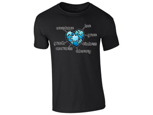 Black kids' T-shirt with autism awareness puzzle heart design