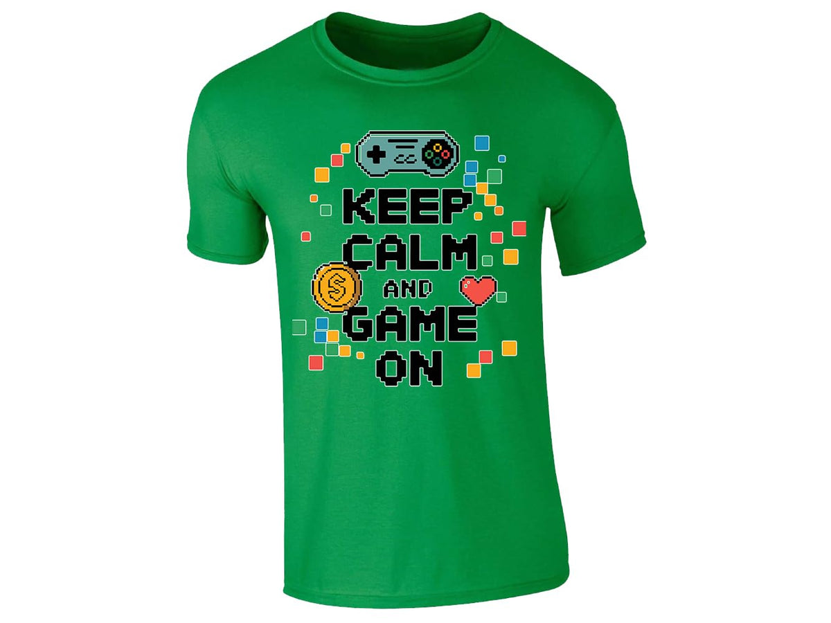 Irish Green kids' T-shirt with “Keep calm and game on” pixel controller design