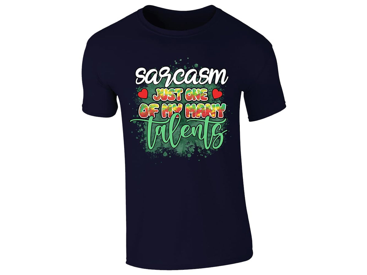 Navy men's T-shirt with “Sarcasm – just one of my many talents” design