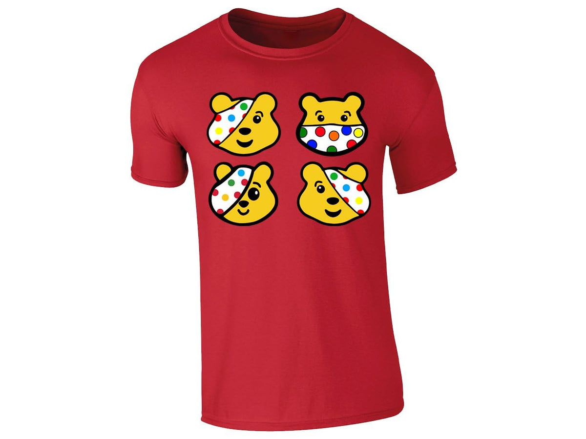 Red kids' T-shirt with four spotty bear faces design