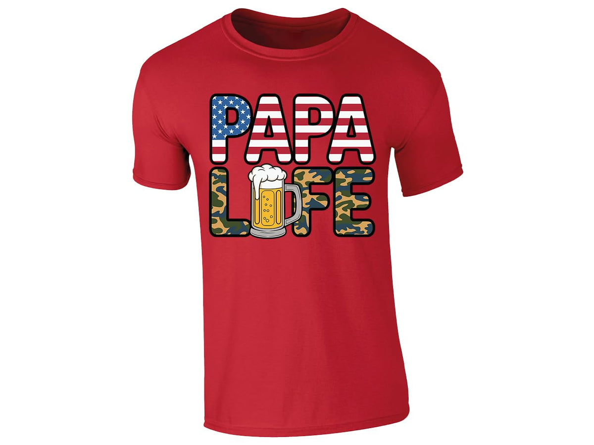 Red men's T-shirt with “Papa Life” flag, camo and beer design