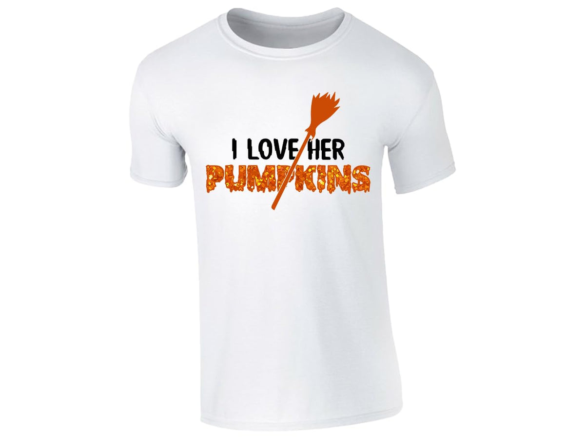 White men's T-shirt with “I love her pumpkins” broomstick design