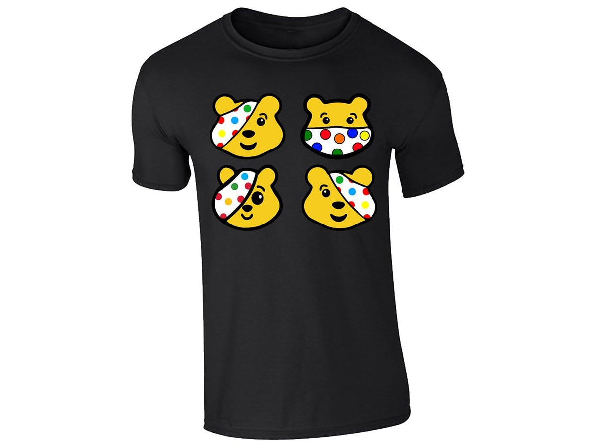 Black kids' T-shirt with four spotty bear faces design