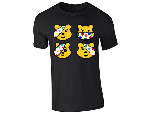 Black kids' T-shirt with four spotty bear faces design