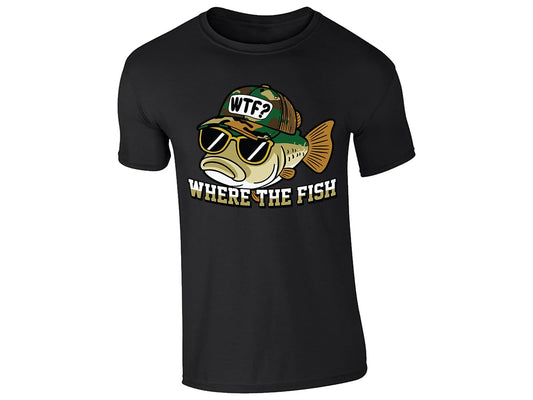 Black men's T-shirt with “WTF – Where The Fish” bass in sunglasses design