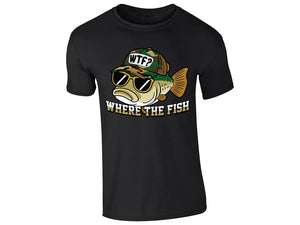 Black men's T-shirt with “WTF – Where The Fish” bass in sunglasses design