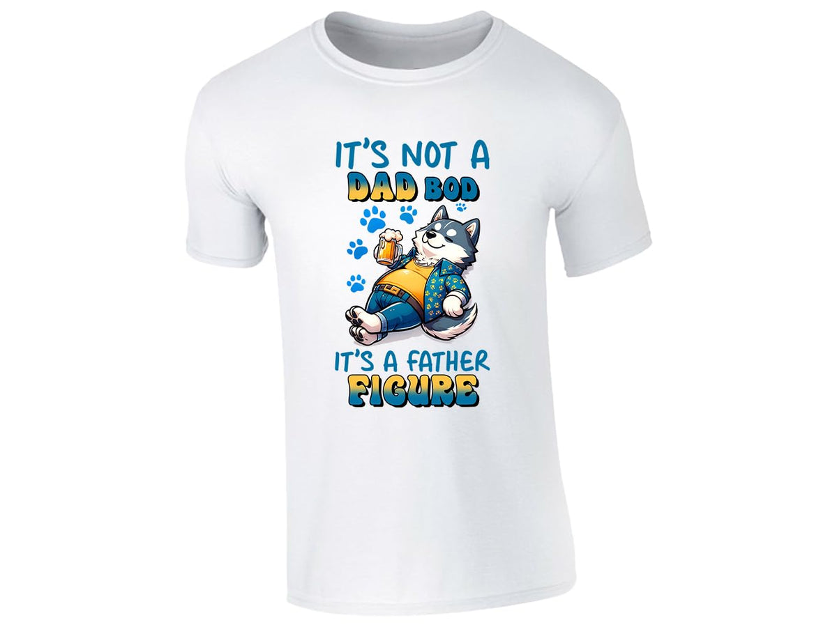 White men's T-shirt with “It’s not a dad bod, it’s a father figure” husky design