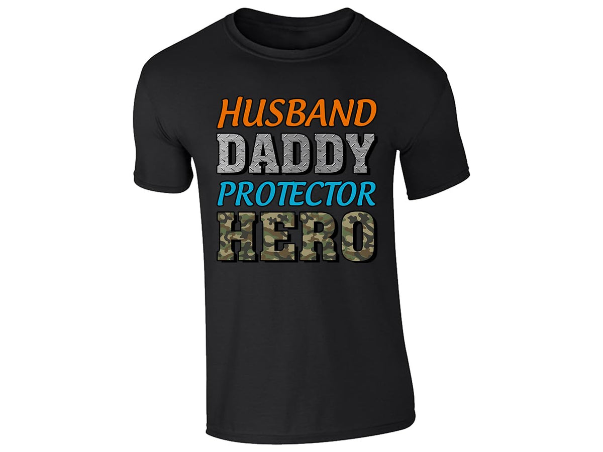 Black men's T-shirt with “Husband, Daddy, Protector, Hero” camo lettering design