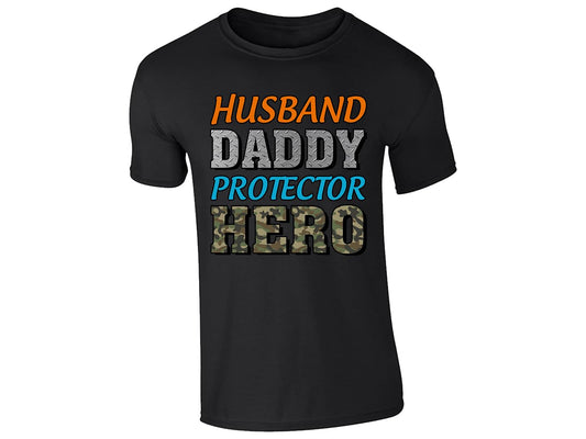 Black men's T-shirt with “Husband, Daddy, Protector, Hero” camo lettering design
