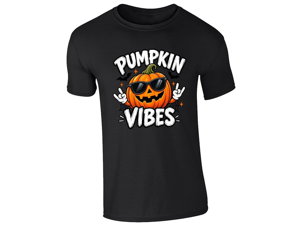 Black kids T-shirt with a Pumpkin Vibes jack-o'-lantern in sunglasses