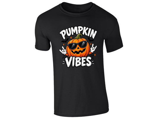 Black kids T-shirt with a Pumpkin Vibes jack-o'-lantern in sunglasses