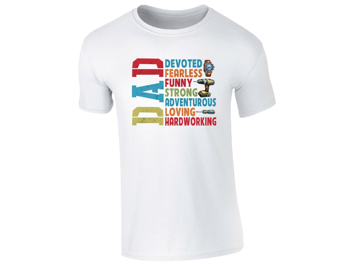 White men's T-shirt with “DAD – devoted, fearless, funny, strong” design