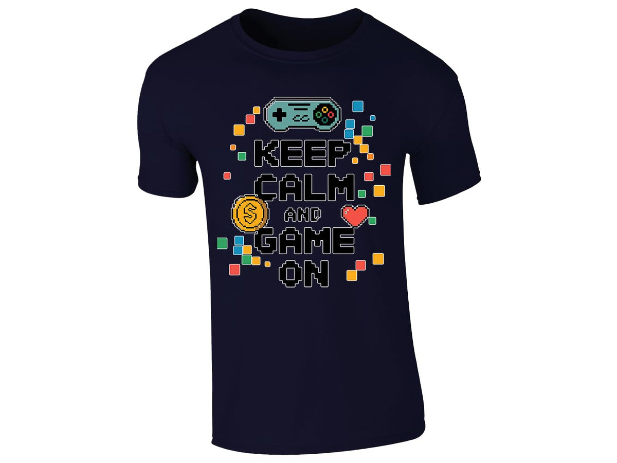 Navy men's T-shirt with “Keep calm and game on” pixel controller design