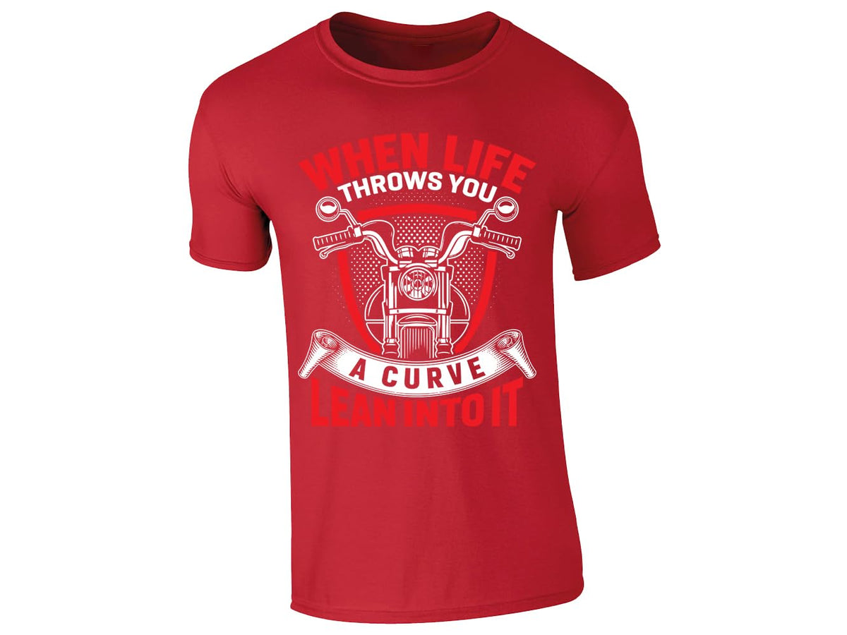 Red men's T-shirt with “When life throws you a curve, lean into it” motorcycle design