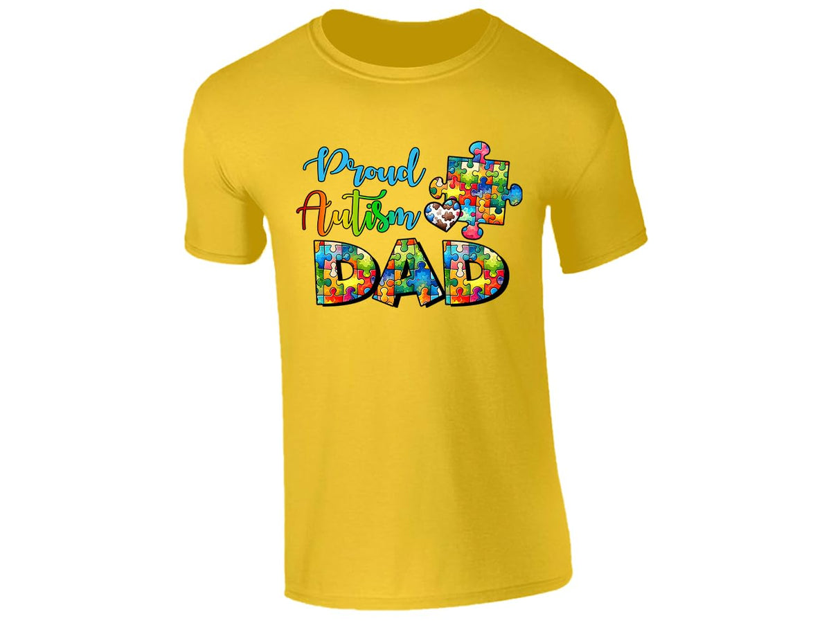 Yellow men's T-shirt with “Proud Autism Dad” puzzle piece design