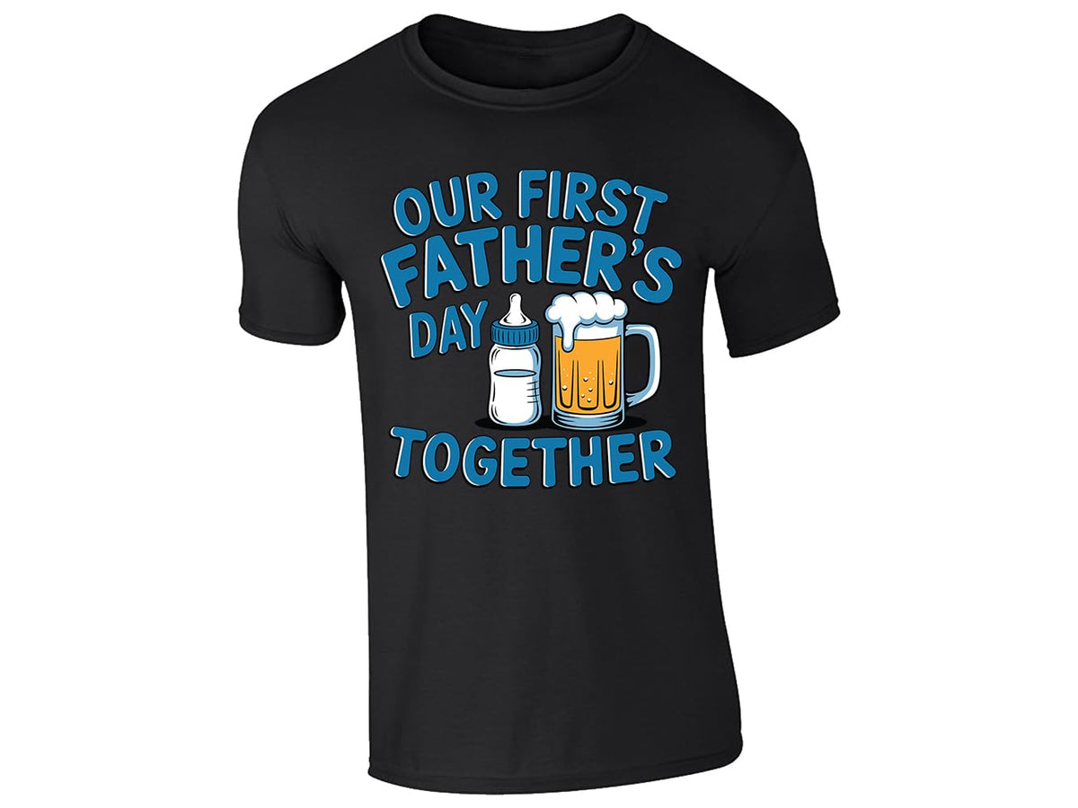 Black men's T-shirt with “Our first Father’s Day together” baby bottle and beer design