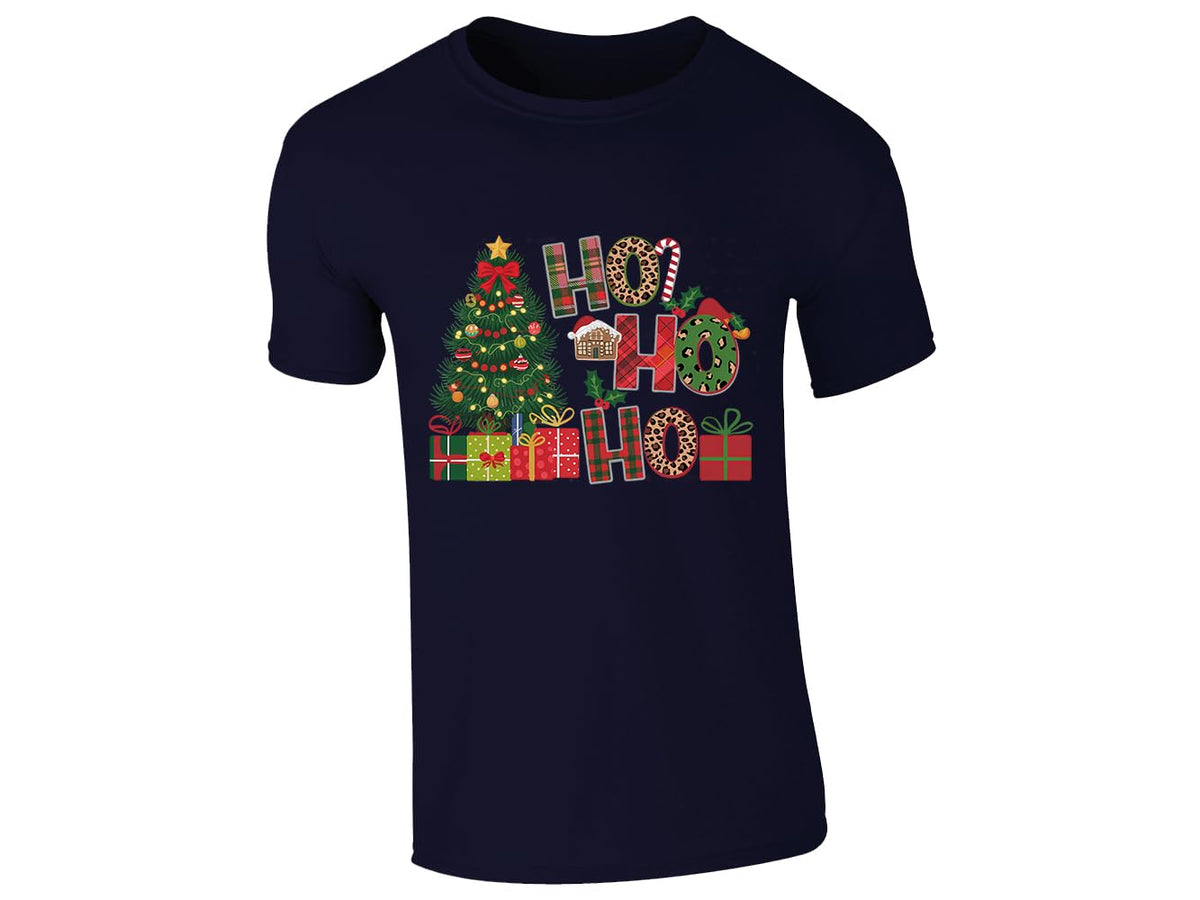 Navy men's T-shirt with “Ho Ho Ho” Christmas tree and presents design