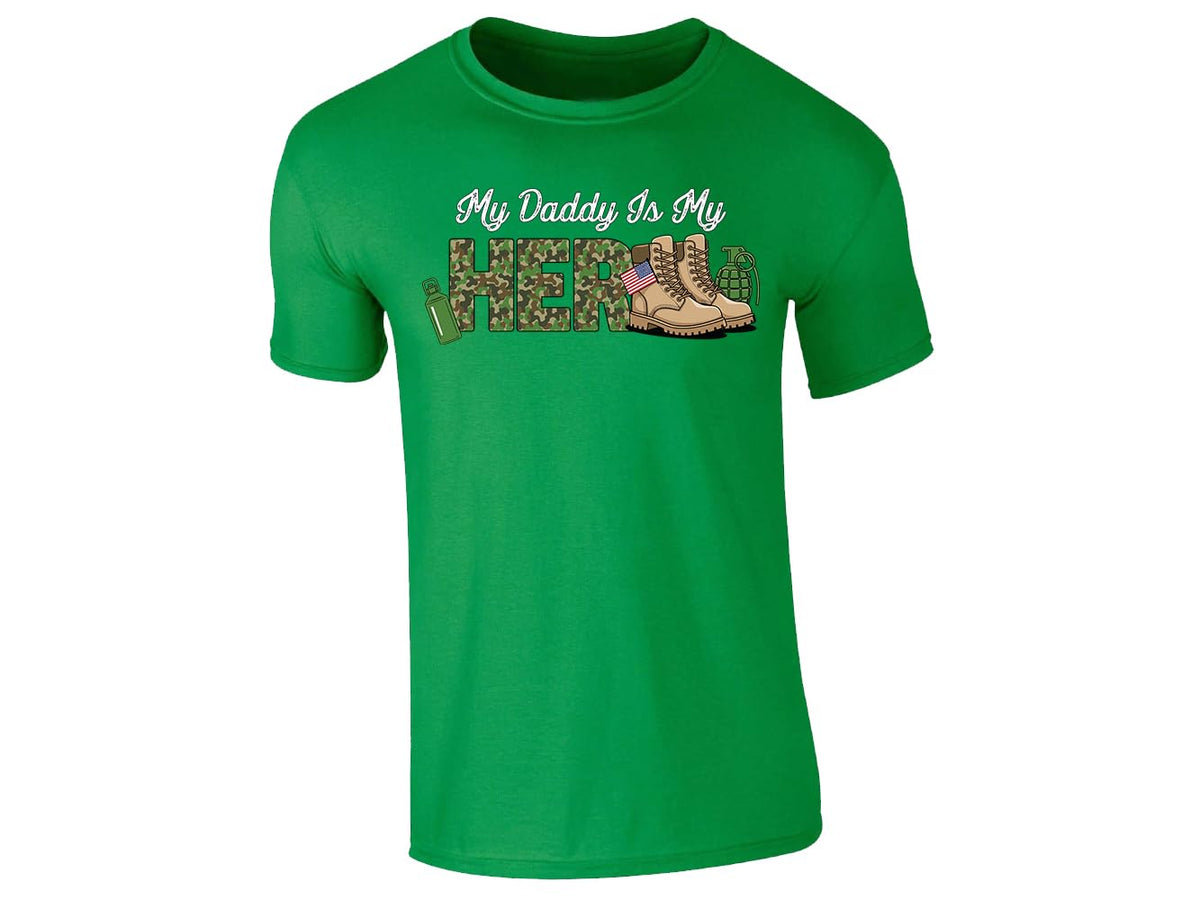 Irish Green men's T-shirt with “My daddy is my hero” military boots design