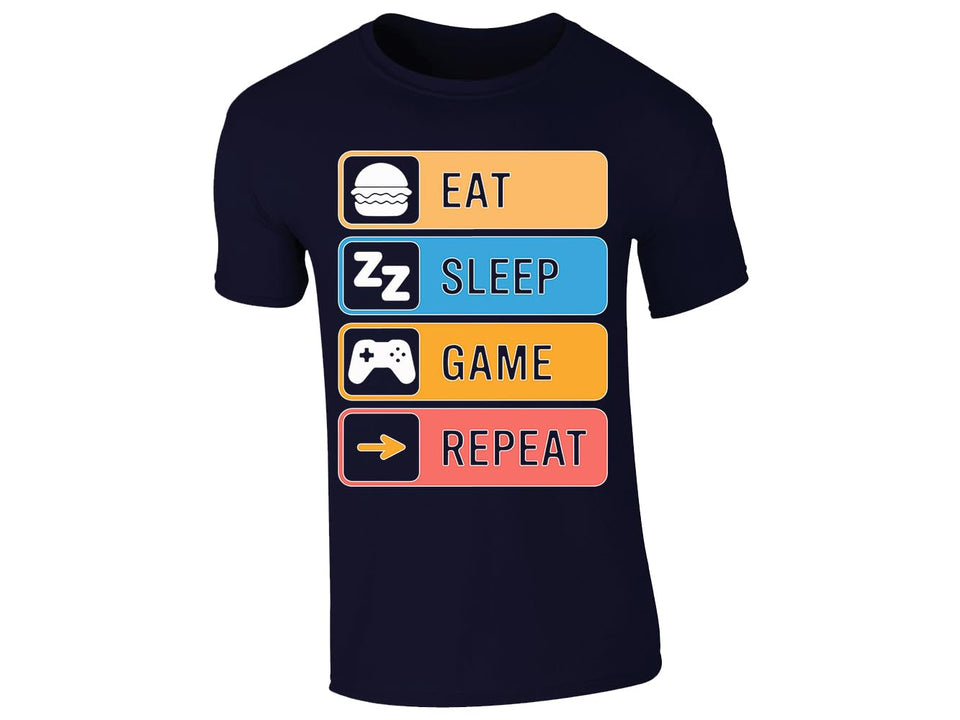 Navy men's T-shirt with “Eat Sleep Game Repeat” icon design