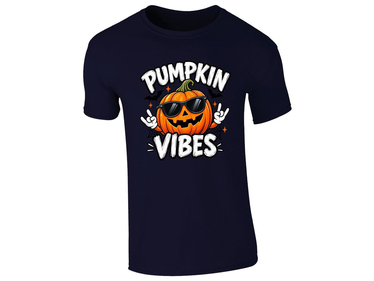 Navy men's T-shirt with a Pumpkin Vibes jack-o'-lantern in sunglasses