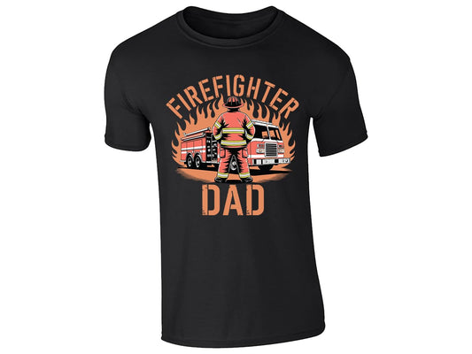 Black men's T-shirt with “Firefighter Dad” fire engine design