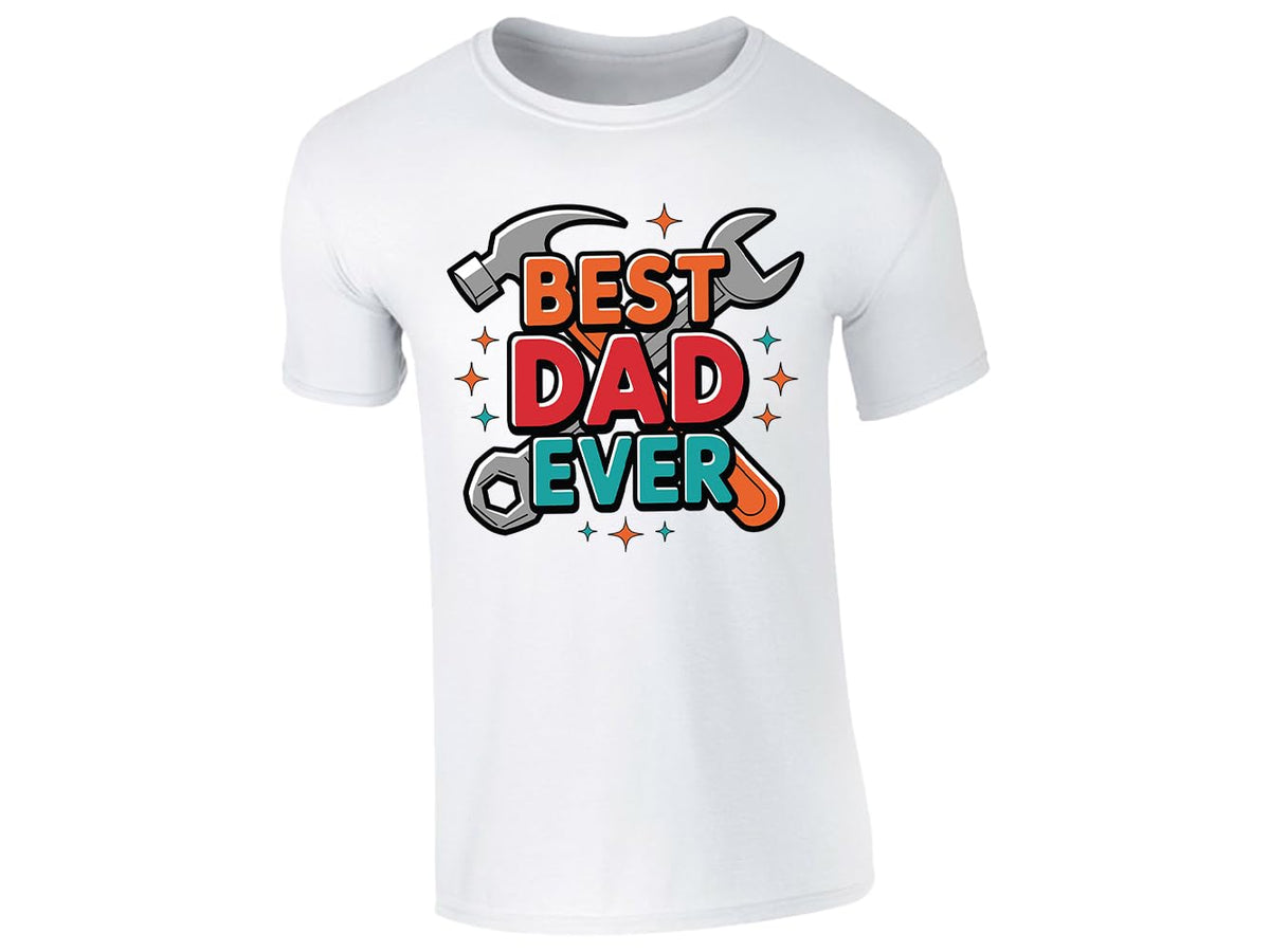 White men's T-shirt with “Best Dad Ever” hammer and spanner design