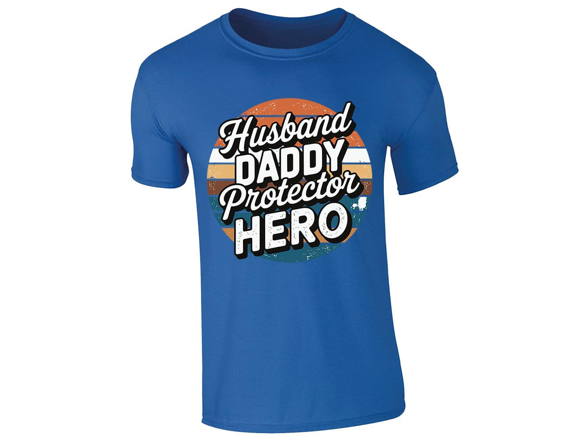 Royal Blue men's T-shirt with “Husband, Daddy, Protector, Hero” retro sunset design