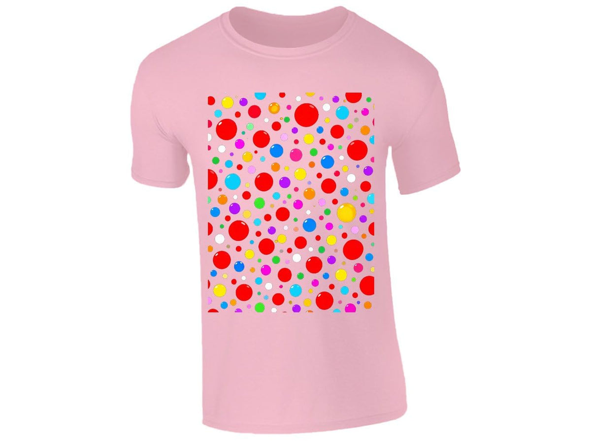 Light pink kids T-shirt with a block of rainbow polka dots