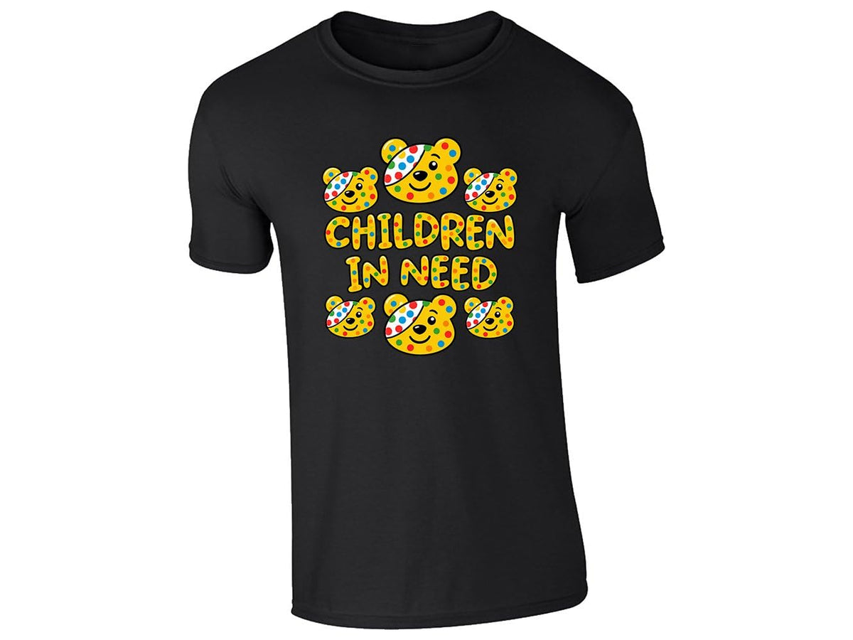 Black kids' T-shirt with spotty bear faces and “Children in Need” lettering design