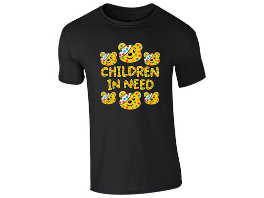 Black kids' T-shirt with spotty bear faces and “Children in Need” lettering design