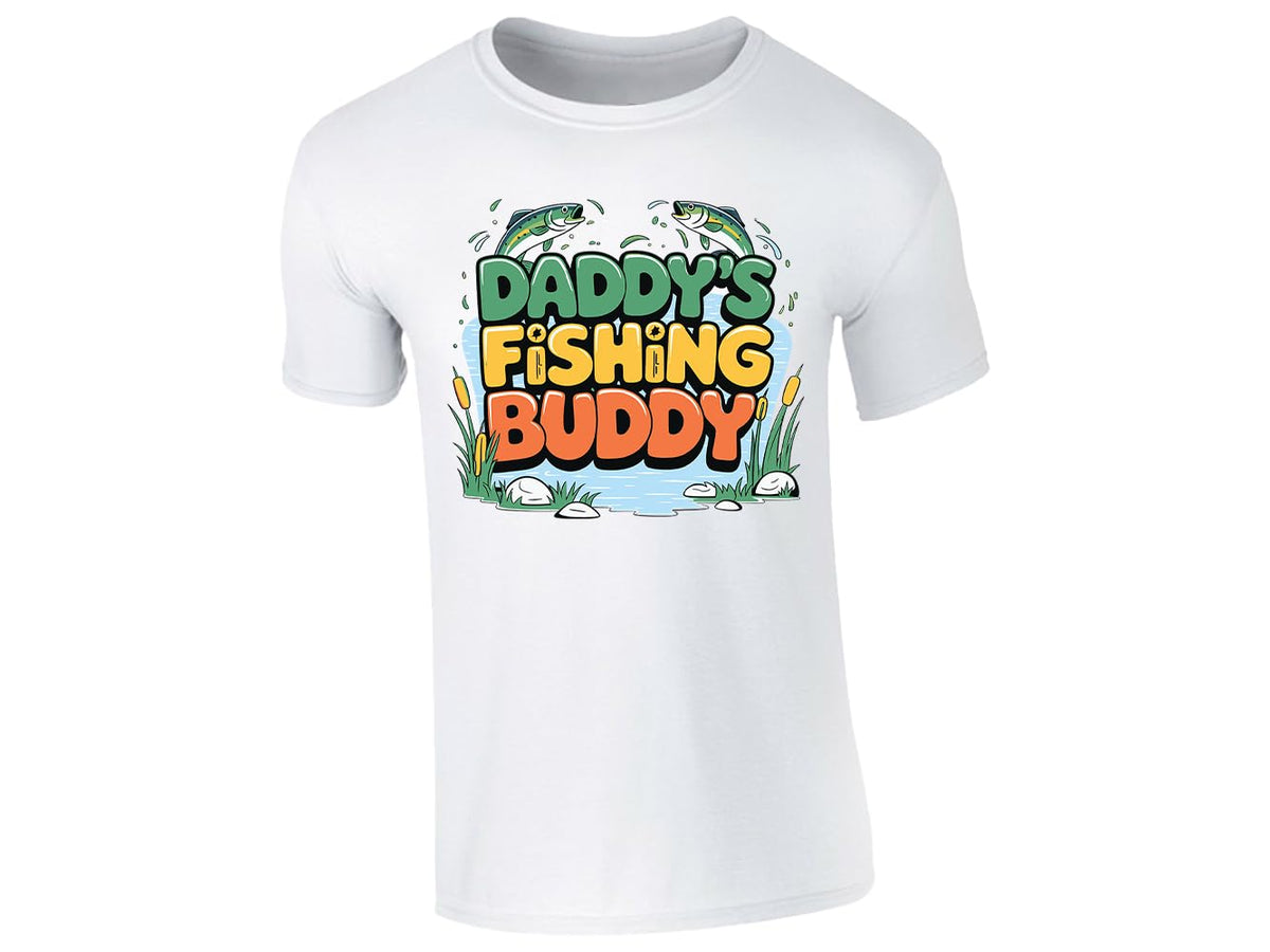 White men's T-shirt with “Daddy’s fishing buddy” pond and fish design