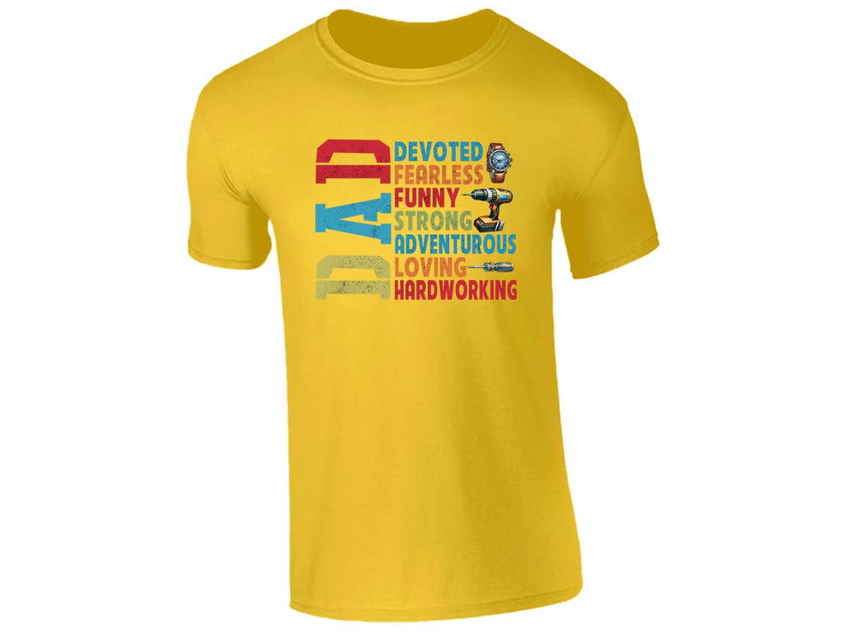 Yellow men's T-shirt with “DAD – devoted, fearless, funny, strong” design